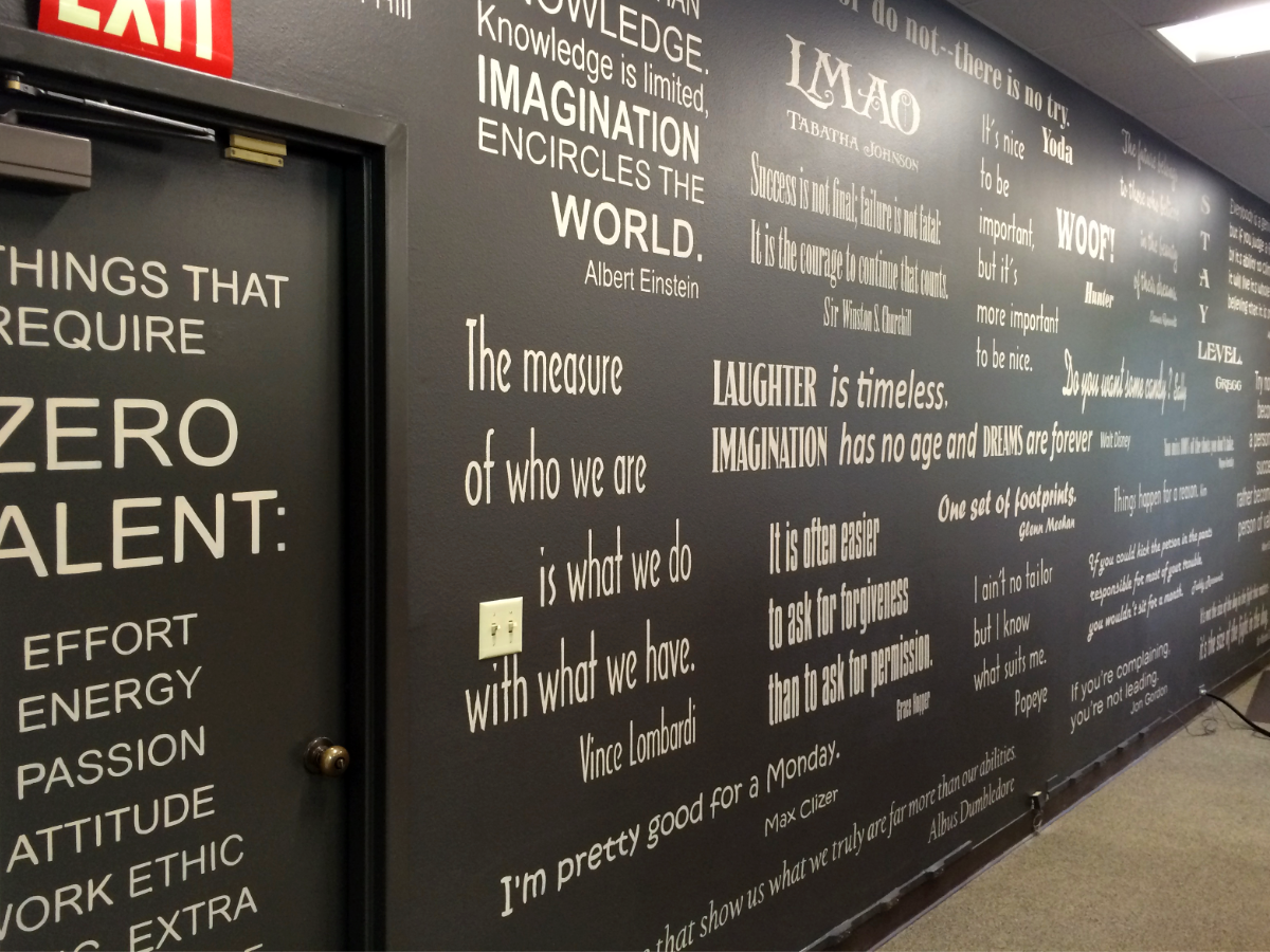 Brush lettered inspirational quotes on 25' wall at Continental Marketing in Tualatin