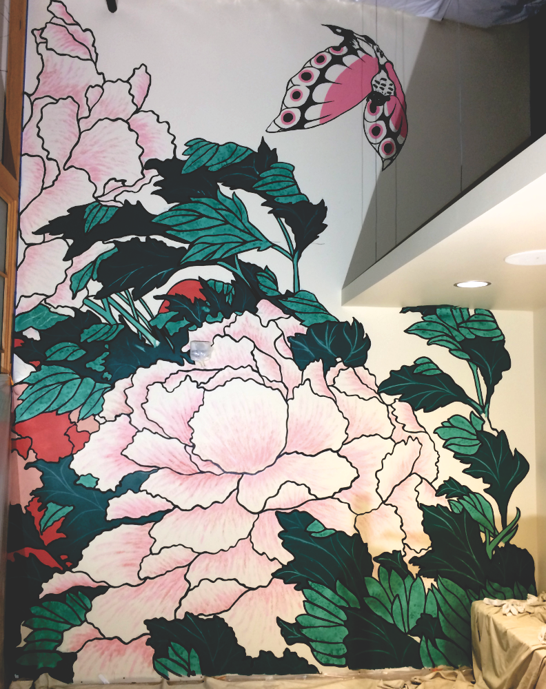 Peonies Tea Room mural painting