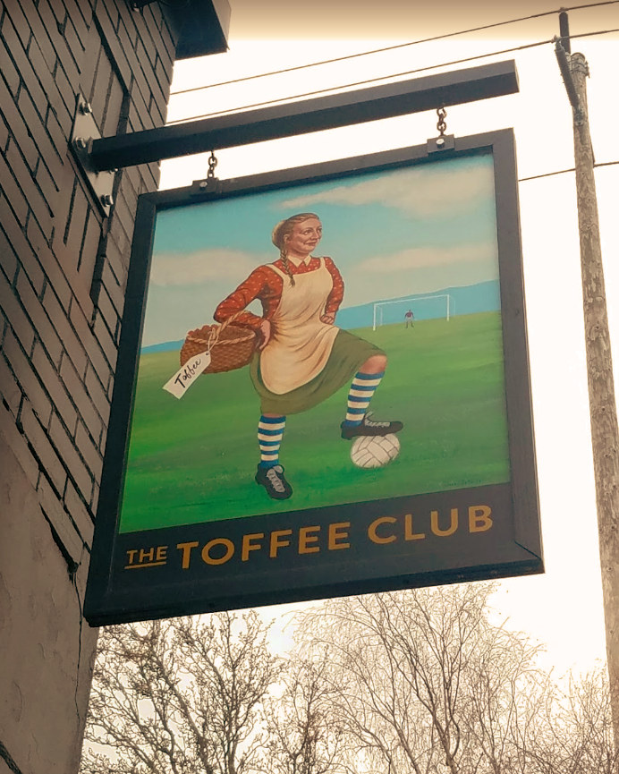 Hand Painted Double-sided hanging blade sign for The Toffee Club, English Football Pub, SE Hawthorne