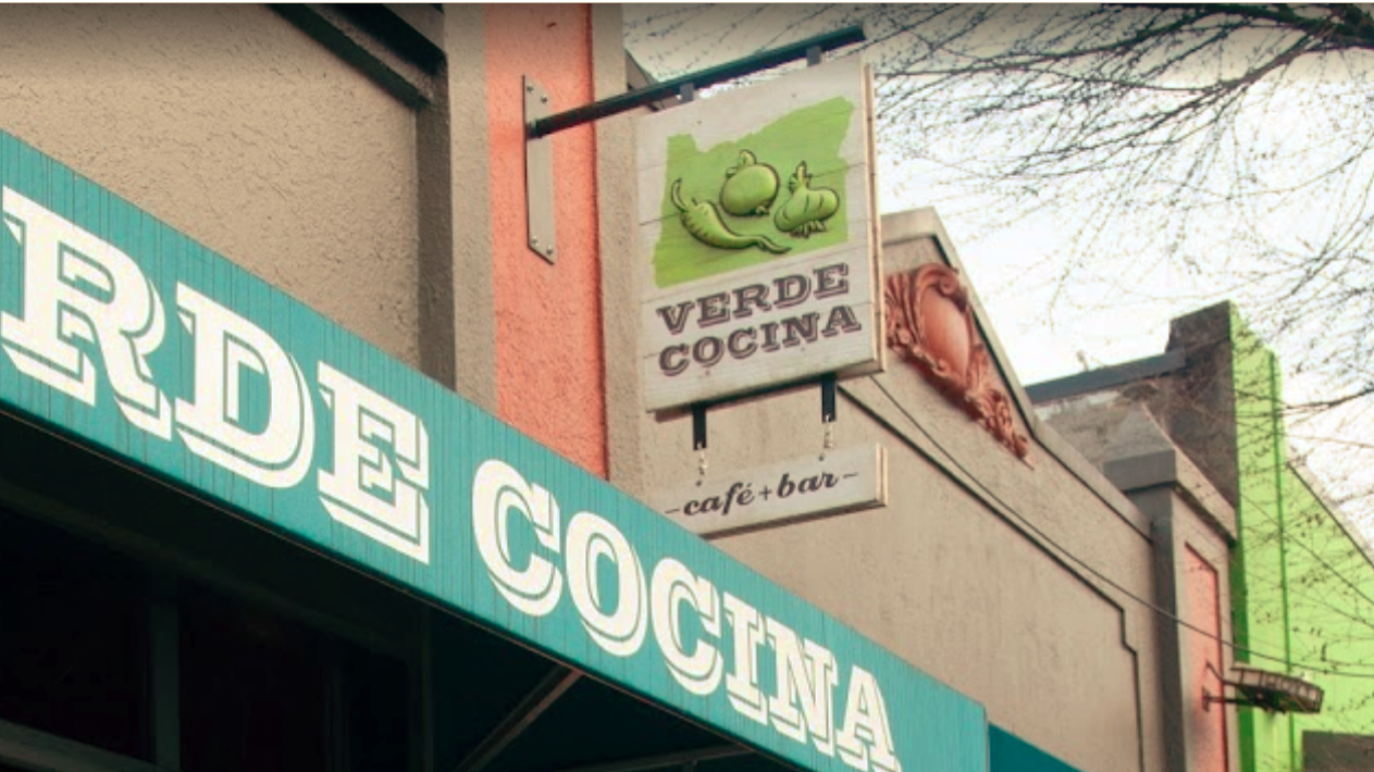 Two-sided, two panel, projecting sign with dimensional elements for Verde Cocina